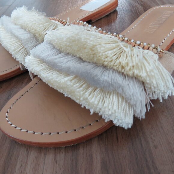 MYSTIQUE Caracas Fringed Leather Slip On Slide Sandals in Beige Beach Size US 7 - Picture 4 of 12